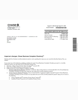 Chase Bank Business August 2025