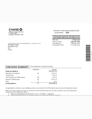 Editable Chase Bank Business November 2025 Template